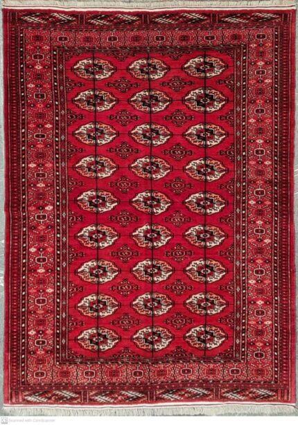 Traditional red Turkmen rug with geometric medallions from Iran