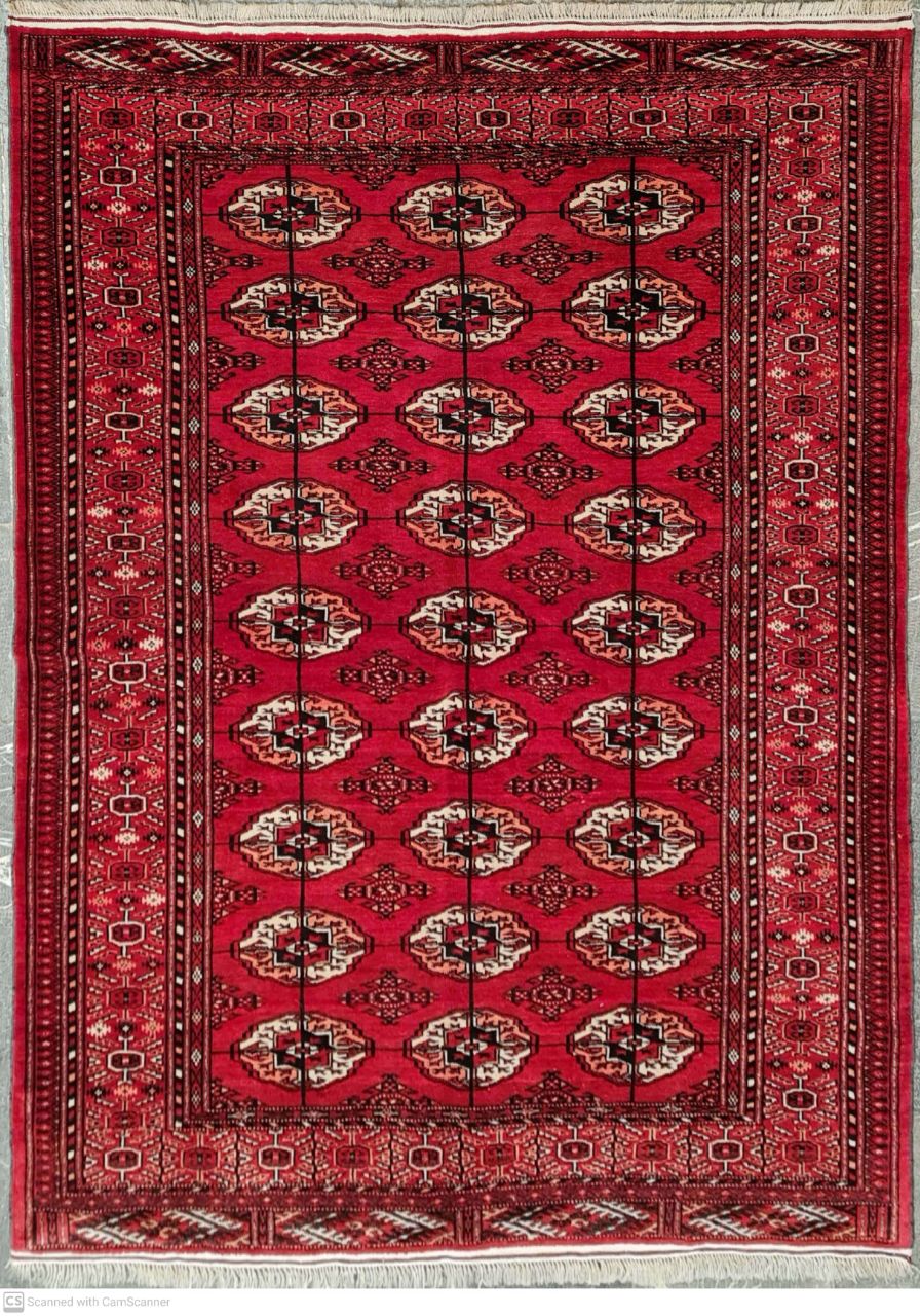 49171 Traditional red Turkmen rug with geometric medallions from Iran